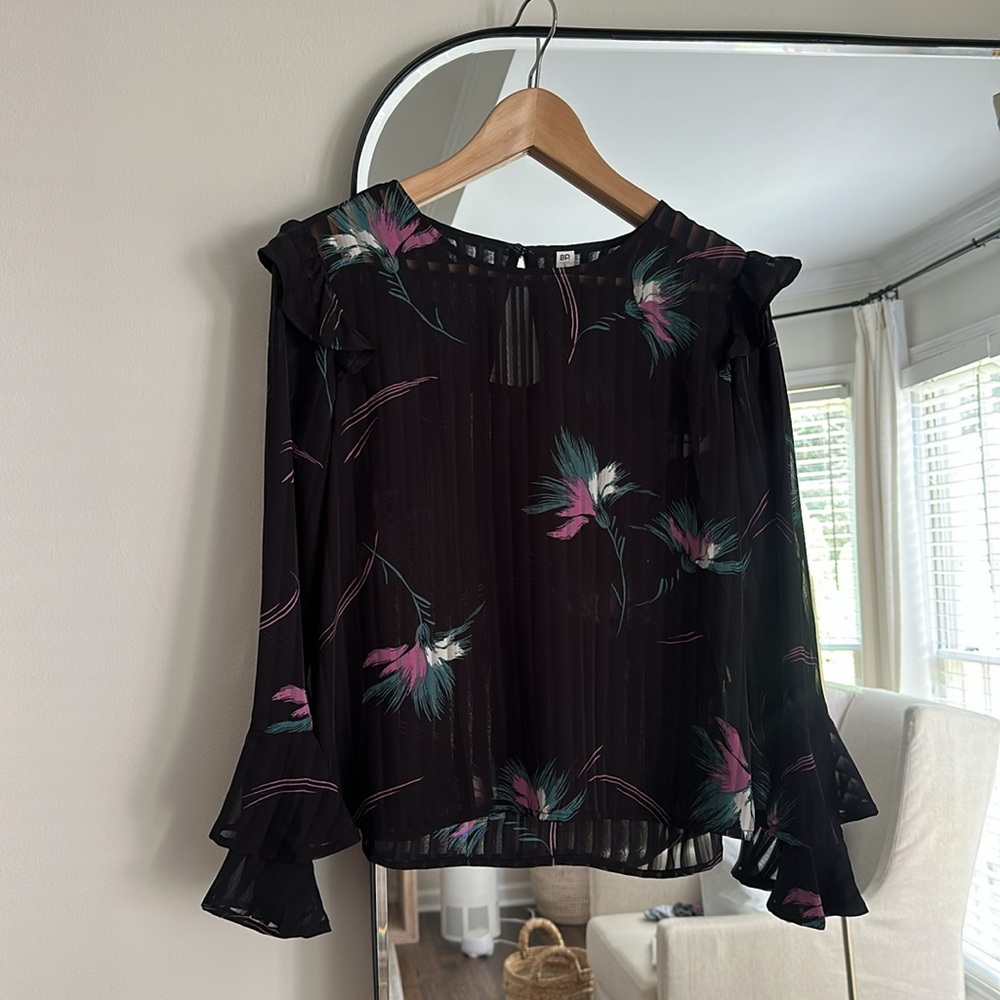 BP Black and Pink Ruffled Blouse with Long Sleeves